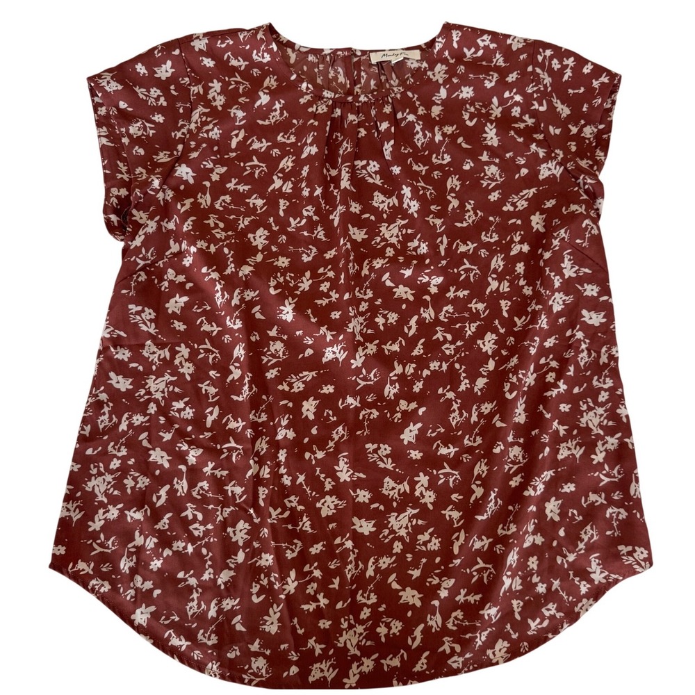 Monday Fun Womens XL Floral Short‎ Sleeve Blouse Burgundy Red Crew Neck Top